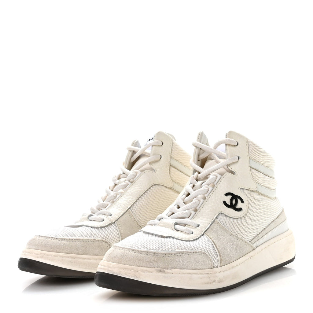 SUEDE FABRIC GRAINED CALFSKIN WOMENS CC HIGH TOP SNEAKERS WHITE