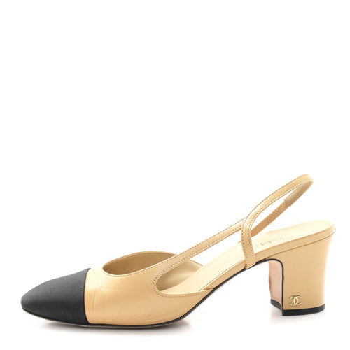 CHANEL GOATSKIN GROSGRAIN CAP TOE CC SLINGBACK PUMP BEIGE BLACK