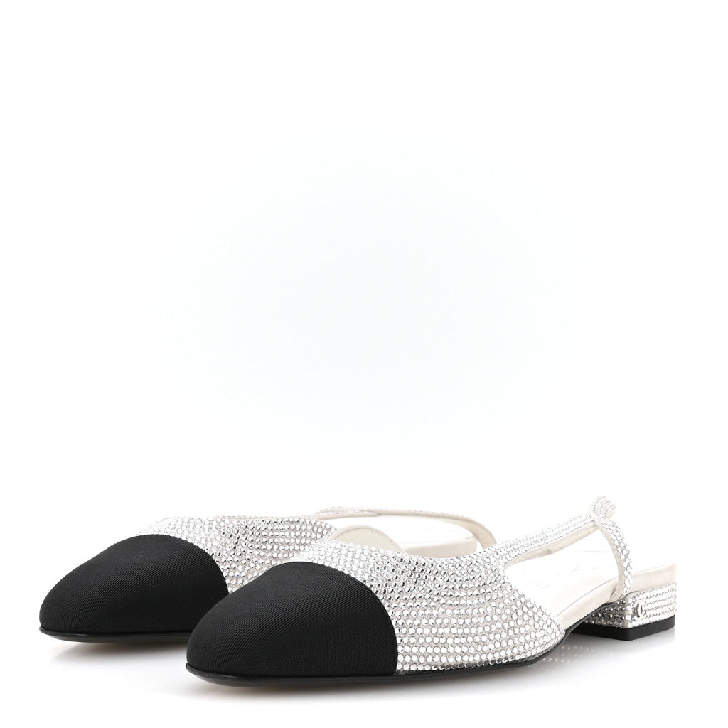 STRASS GROSGRAIN CAP TOE CC SLINGBACK FLATS SILVER BLACK