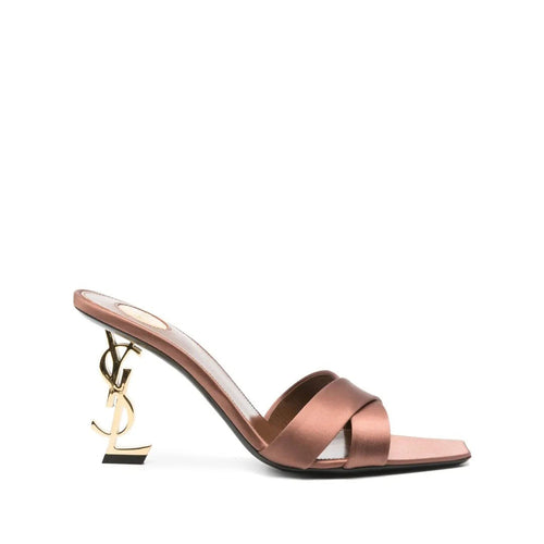 Saint Laurent Opyum 85 Sculptural Logo-Heel Satin Sandals - Pink/Rose