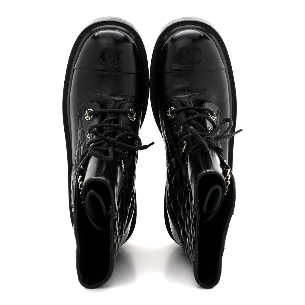 SHINY GOATSKIN CALFSKIN QUILTED LACE UP COMBAT BOOTS BLACK