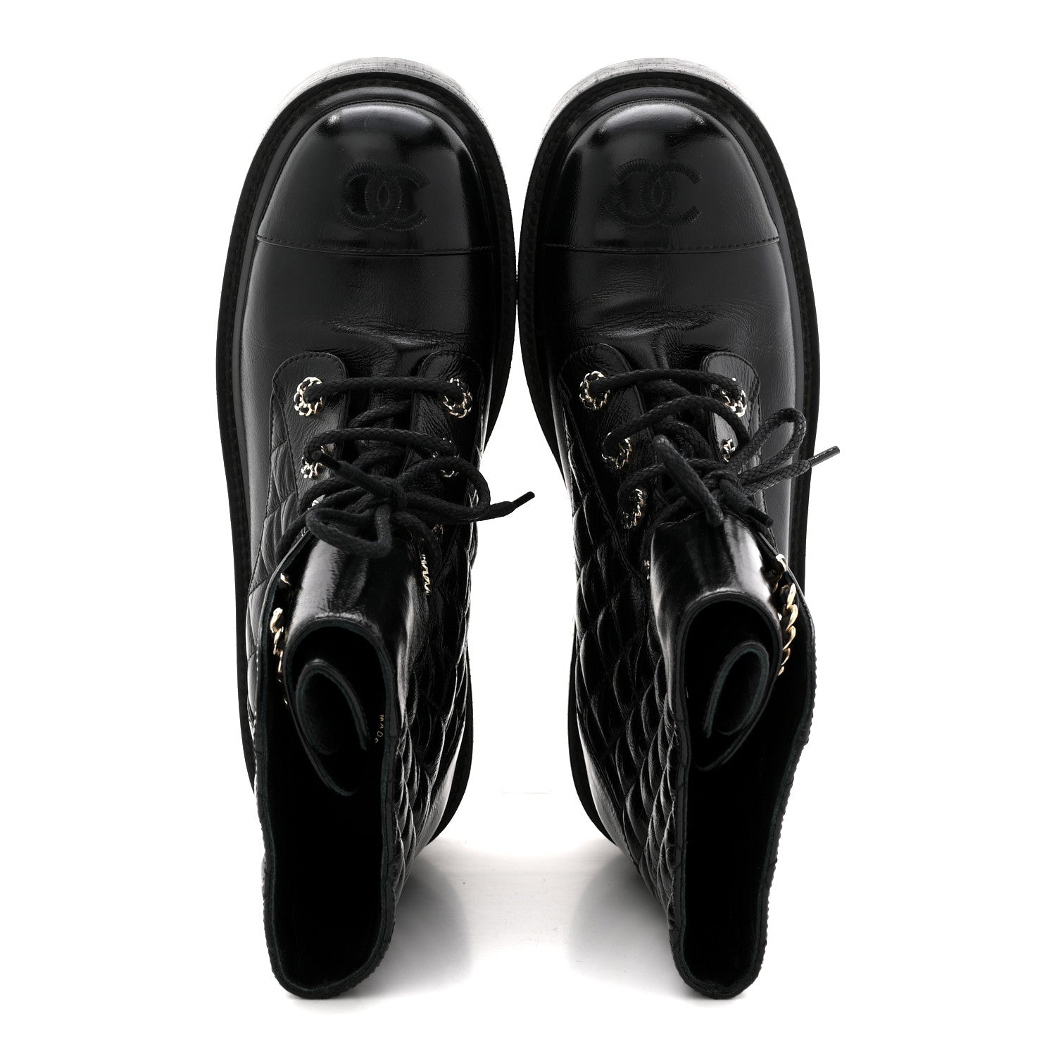 SHINY GOATSKIN CALFSKIN QUILTED LACE UP COMBAT BOOTS BLACK