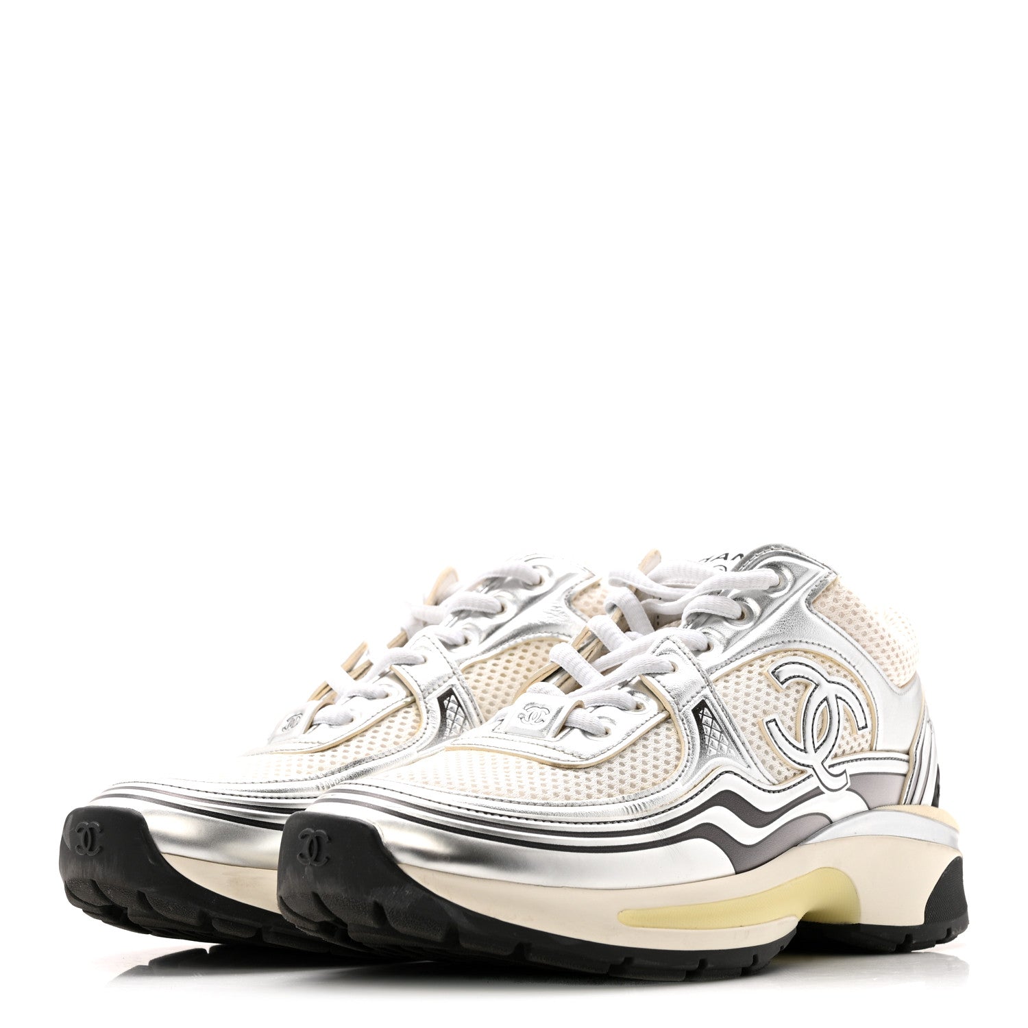 FABRIC LAMINATED CALFSKIN STRETCH CC WOMENS SNEAKERS WHITE SILVER