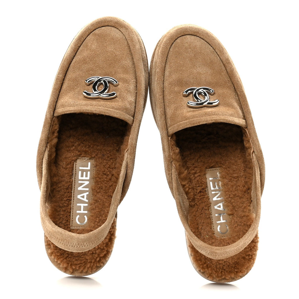 SUEDE CALFSKIN CC SLINGBACK LOAFERS DARK BEIGE