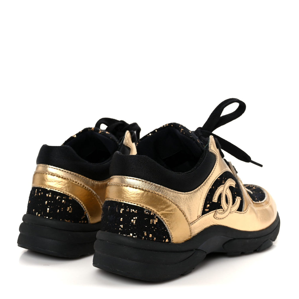 SATIN LAMBSKIN FABRIC TWEED CC SNEAKERS GOLD BLACK