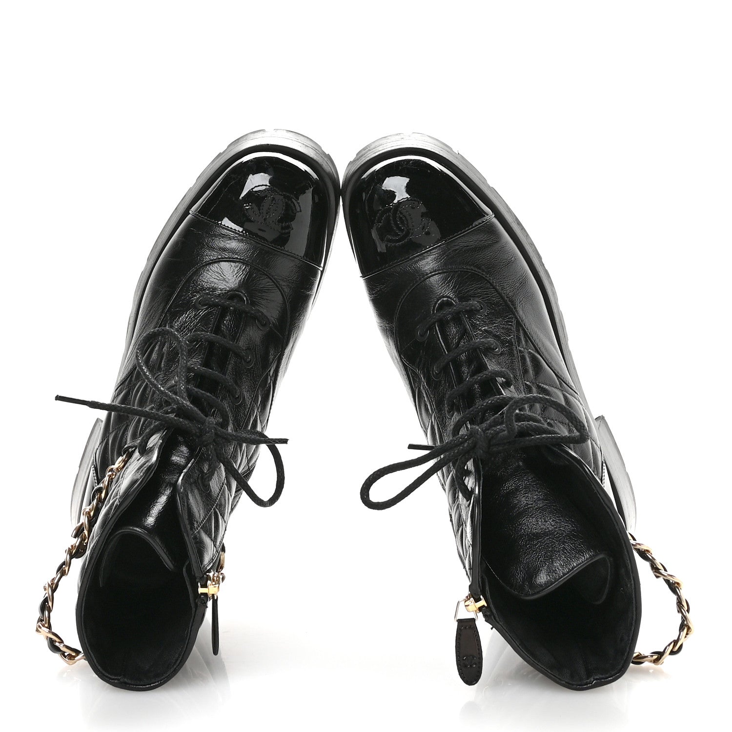 SHINY CALFSKIN PATENT QUILTED CHAIN LACE UP COMBAT BOOTS BLACK