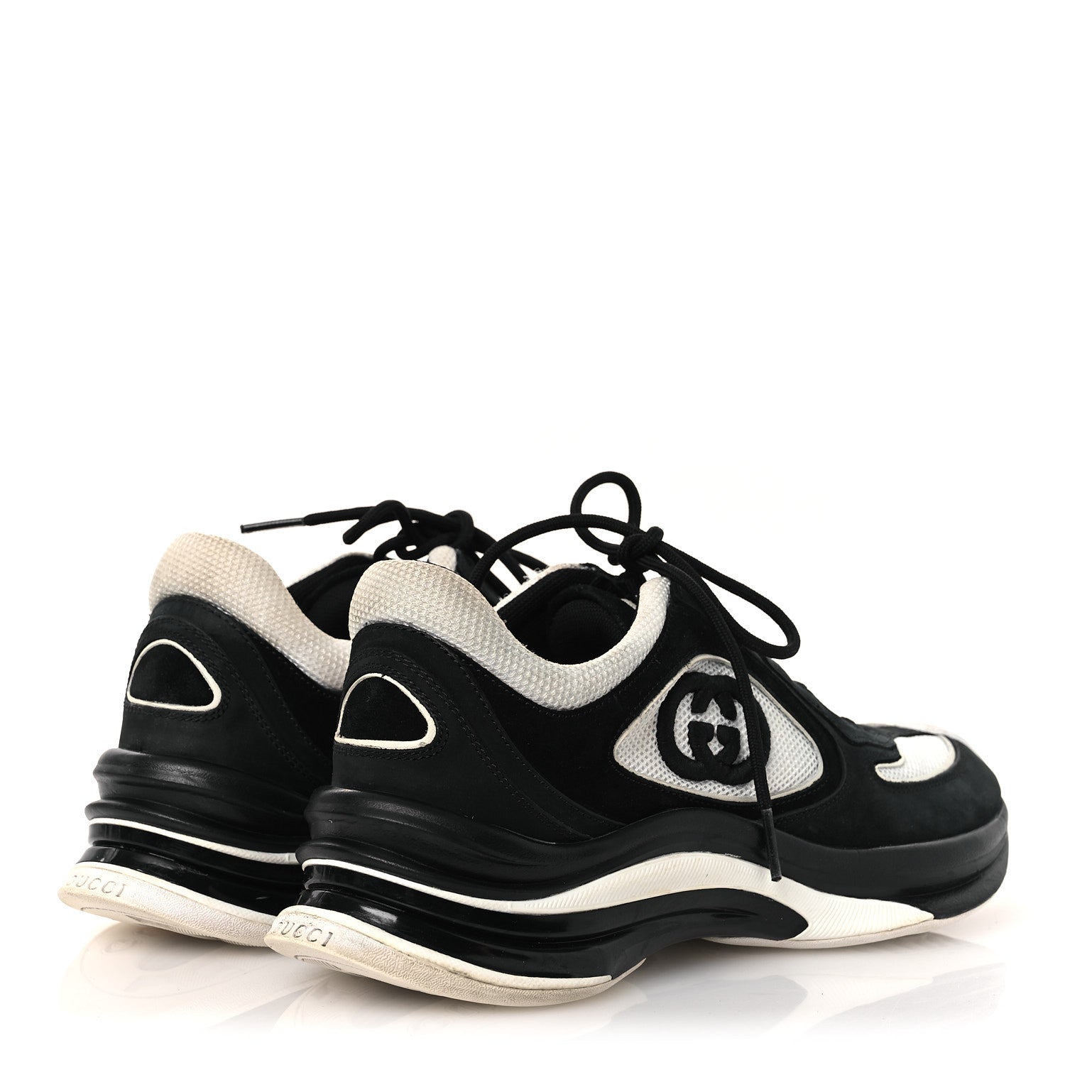 TECHNICAL KNIT FABRIC SUEDE CALFSKIN WOMENS GUCCI RUN SNEAKERS BLACK WHITE