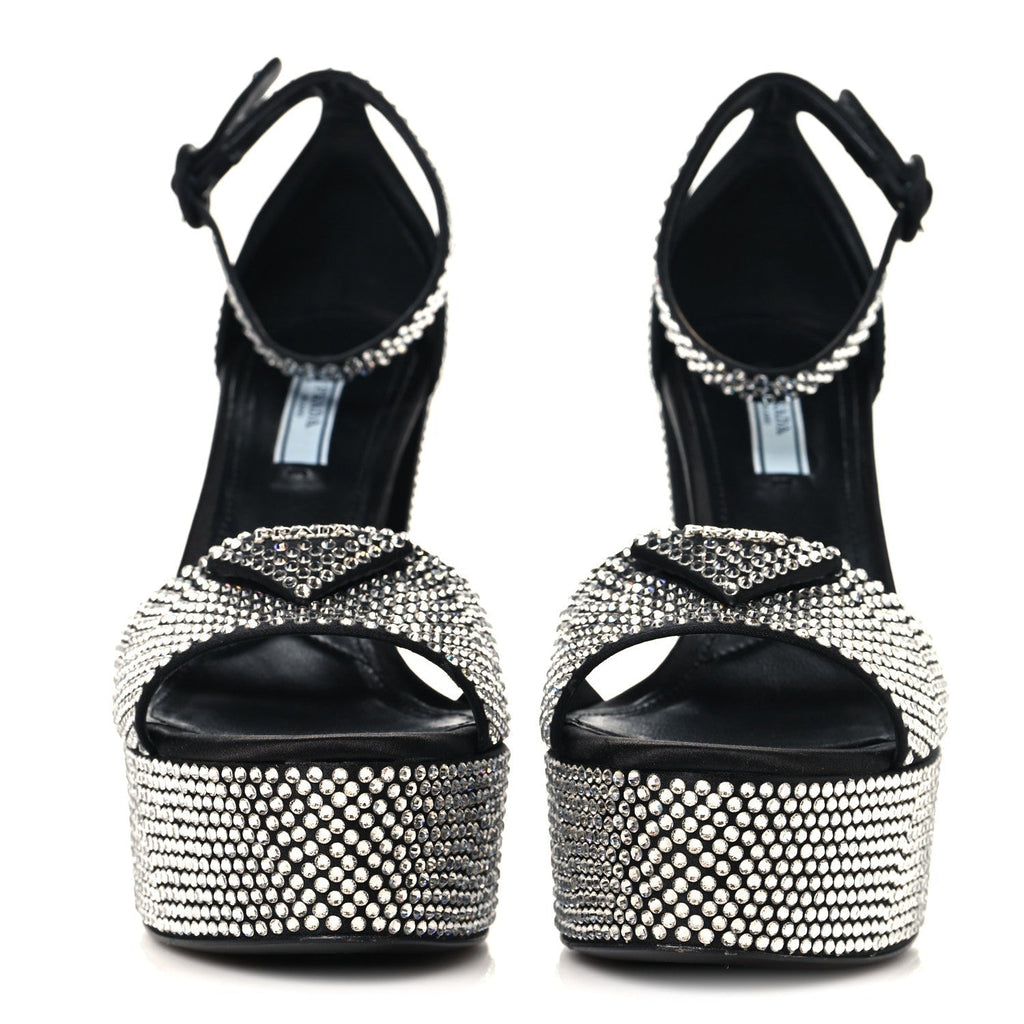 PRADA SATIN CRYSTAL TRIANGLE LOGO PLATFORM SANDALS CRISTAL YELLOW