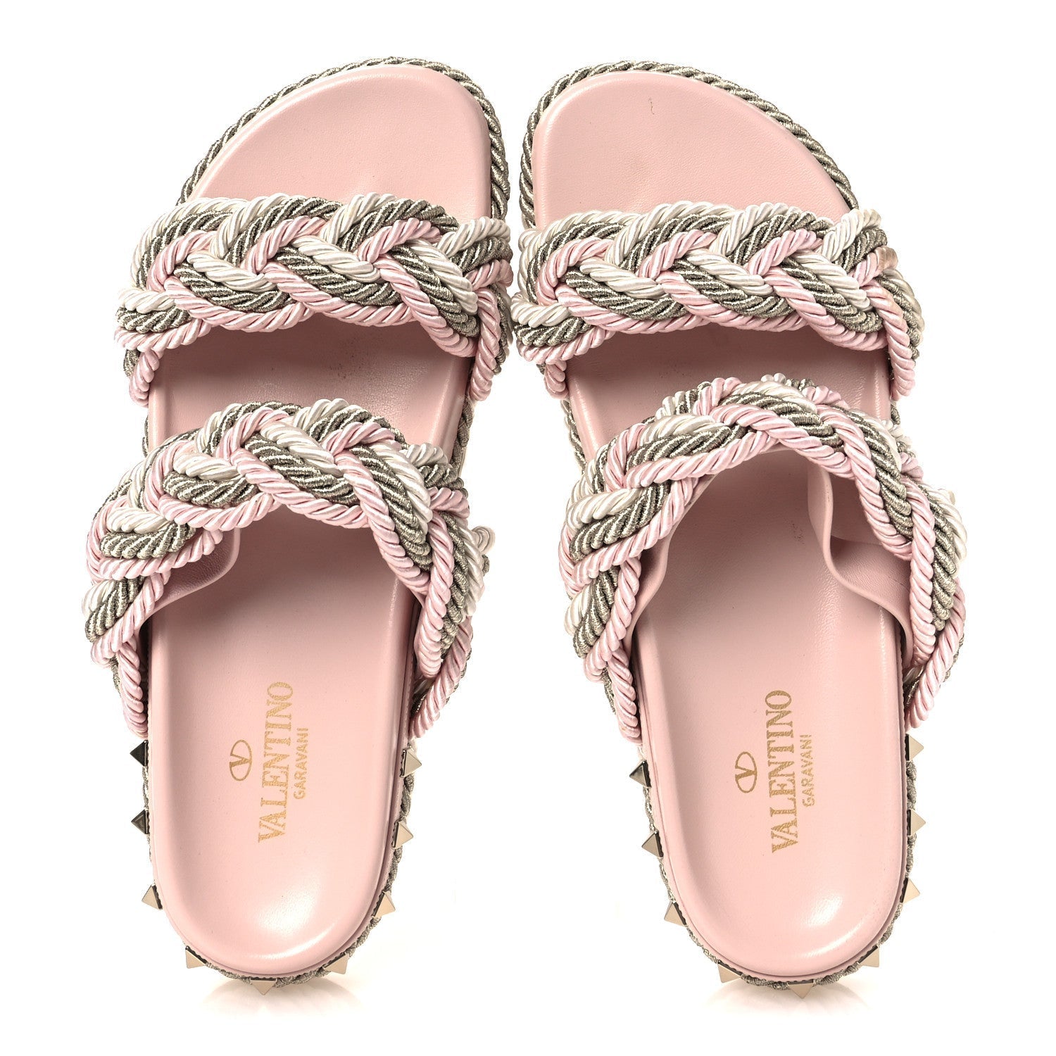 SILK CORD CALFSKIN ROCKSTUD ROPE ESPADRILLE WEDGE SANDALS PINK