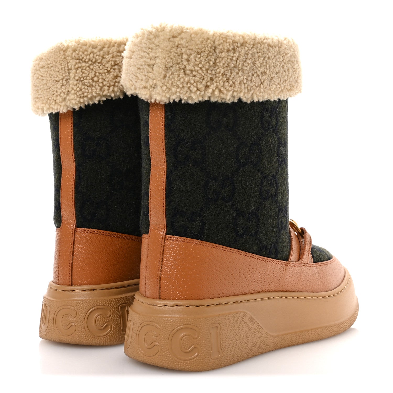 COVERED WOOL MONOGRAM TEXTURED DOLLAR CALFSKIN SHEARLING HORSEBIT SNOW BOOTS UNDERWOOD BLUE HAZEL BROWN