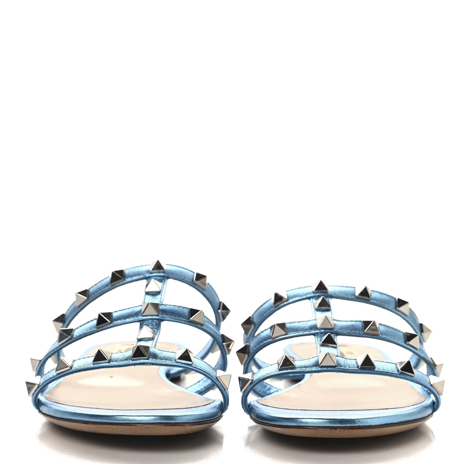 METALLIC NAPPA ROCKSTUD CAGED FLAT SLIDE SANDALS CERULEAN