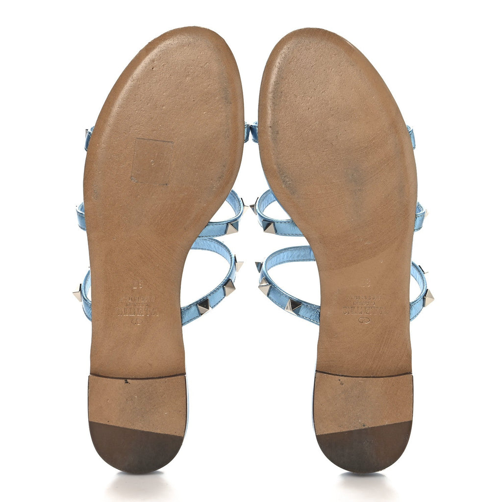 METALLIC NAPPA ROCKSTUD CAGED FLAT SLIDE SANDALS CERULEAN