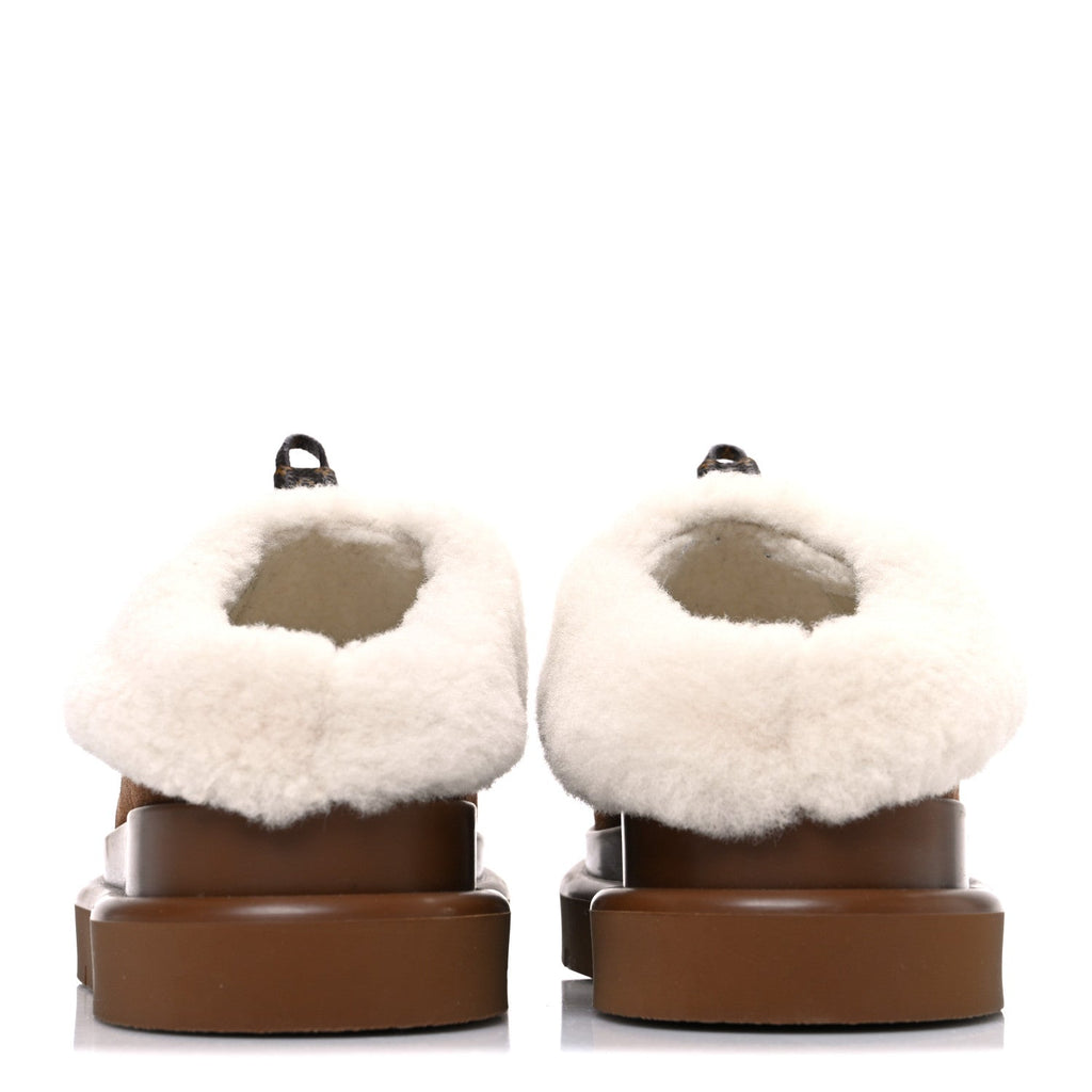 SUEDE CALFSKIN SHEARLING MONOGRAM DEBOSSED CORTINA CLOSED MULE LIGHT BEIGE