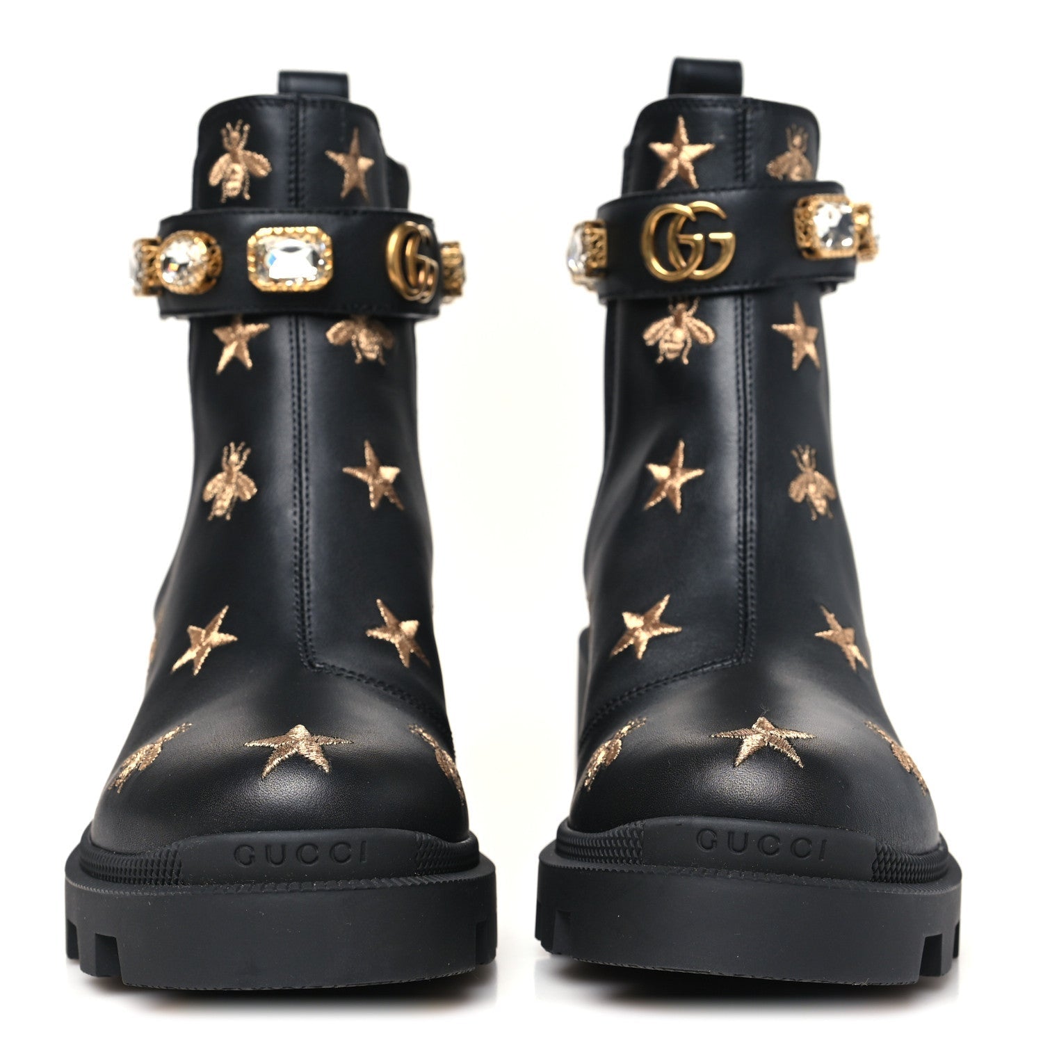 CALFSKIN BEE STAR EMBROIDERED BELT ANKLE BOOTS BLACK