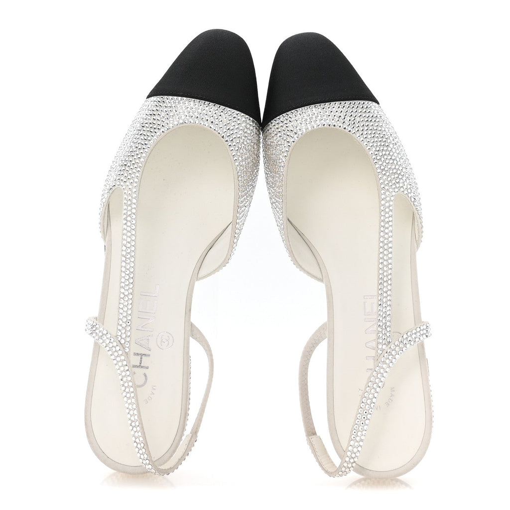 STRASS GROSGRAIN CAP TOE CC SLINGBACK FLATS SILVER BLACK
