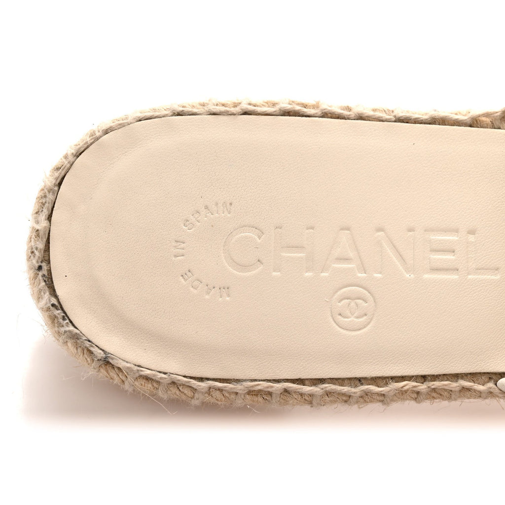IRIDESCENT GOATSKIN CC ESPADRILLE MULES IVORY BLACK