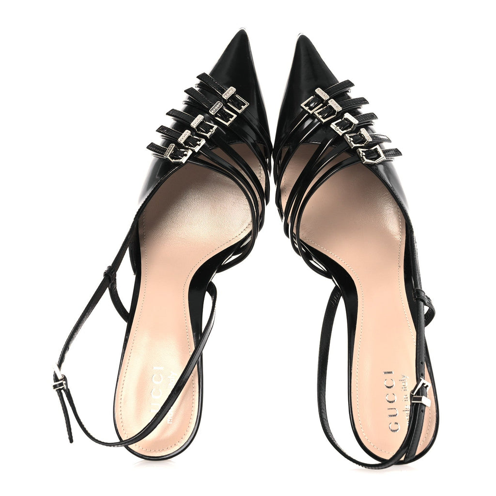 PATENT REGENT CALFSKIN WALMA 65 BUCKLE SLINGBACK PUMPS BLACK