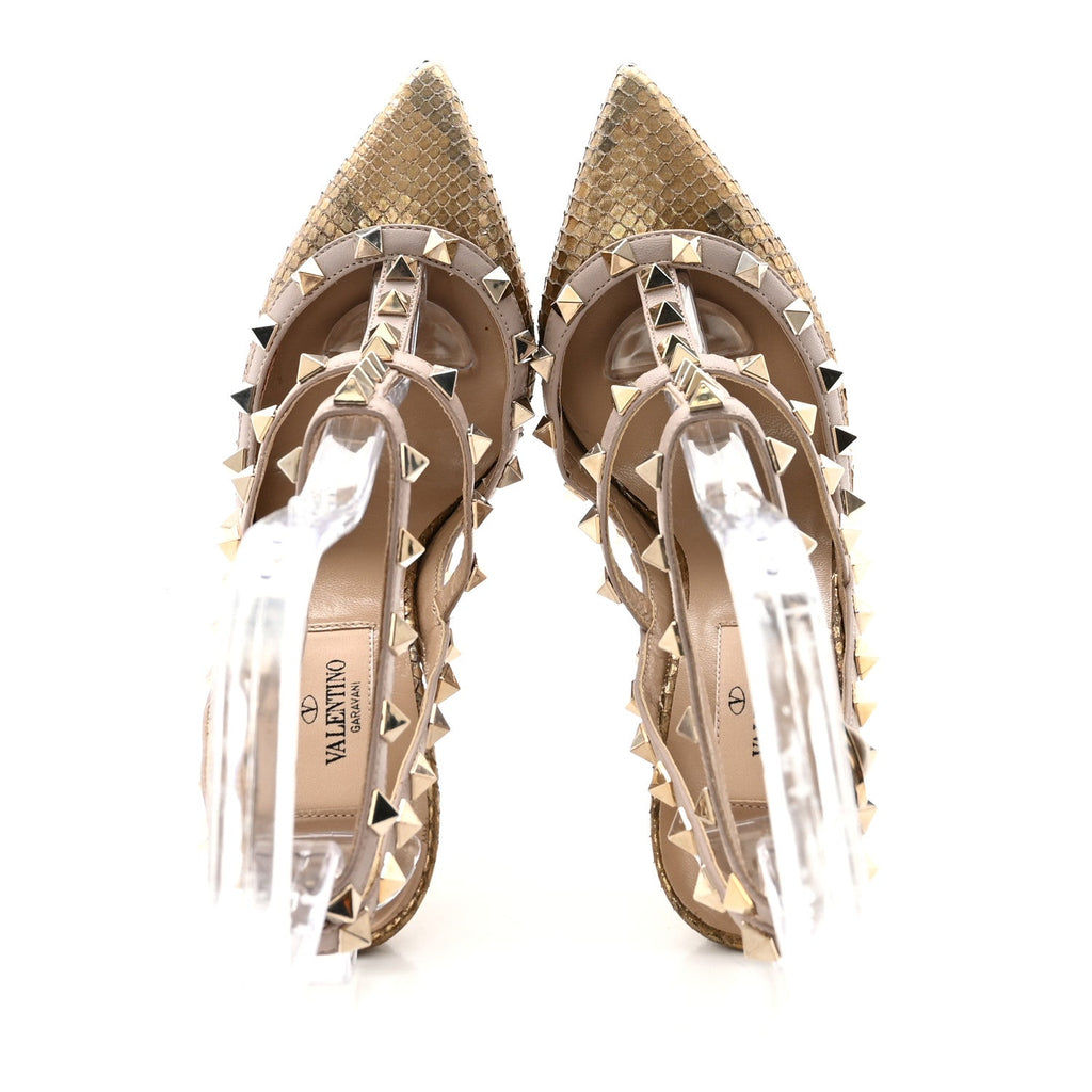 METALLIC ELAPHE ROCKSTUD ANKLE STRAP 100MM PUMPS GOLD POUDRE