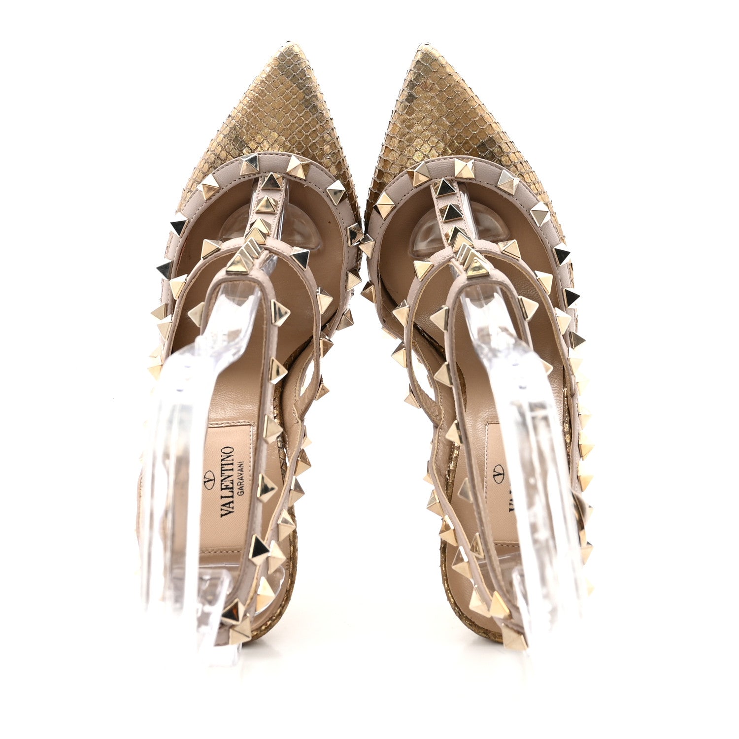 METALLIC ELAPHE ROCKSTUD ANKLE STRAP 100MM PUMPS GOLD POUDRE