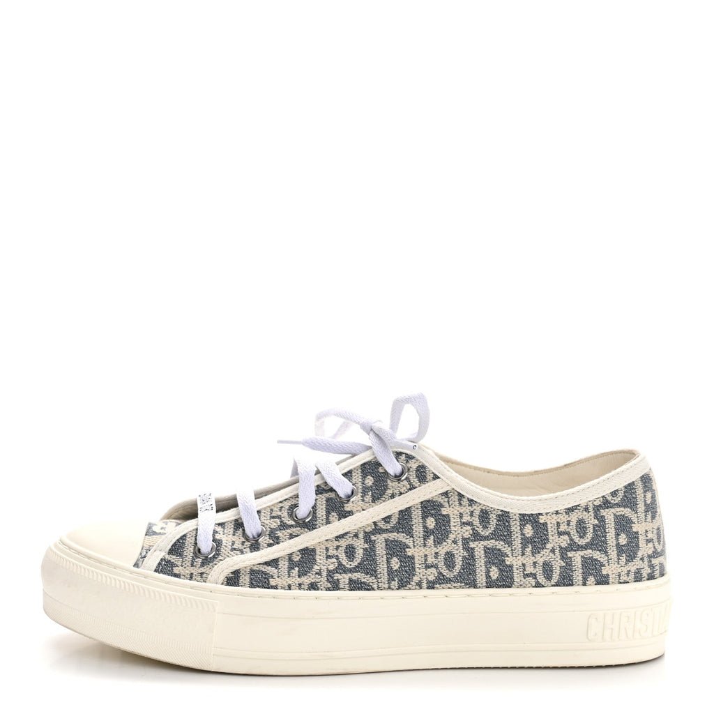 OBLIQUE CHAMBRAY RAFFIA EFFECT WALK'N'DIOR LOW TOP SNEAKERS BLUE LIGHT BISCUIT