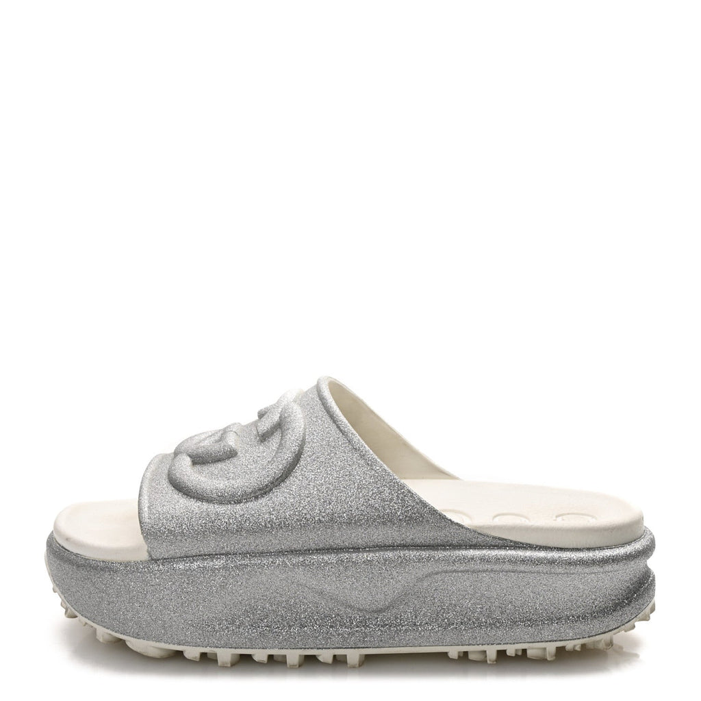 GLITTER RUBBER WOMENS INTERLOCKING G PLATFORM 42MM SLIDE SANDALS SILVER
