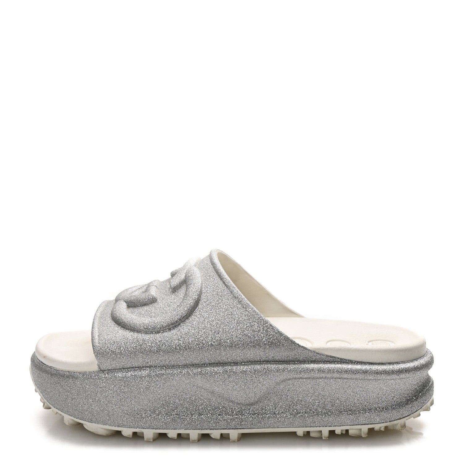 GLITTER RUBBER WOMENS INTERLOCKING G PLATFORM 42MM SLIDE SANDALS SILVER