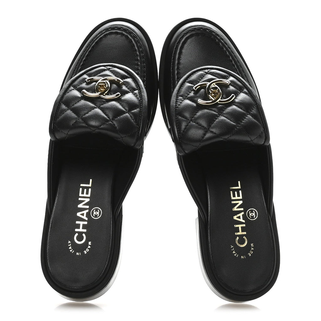 LAMBSKIN QUILTED CC TURNLOCK MULES BLACK