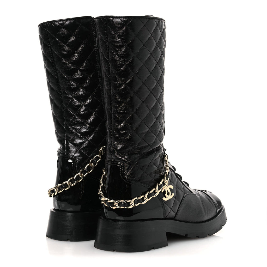 SHINY CALFSKIN PATENT QUILTED CHAIN LACE UP COMBAT LONG BOOTS BLACK