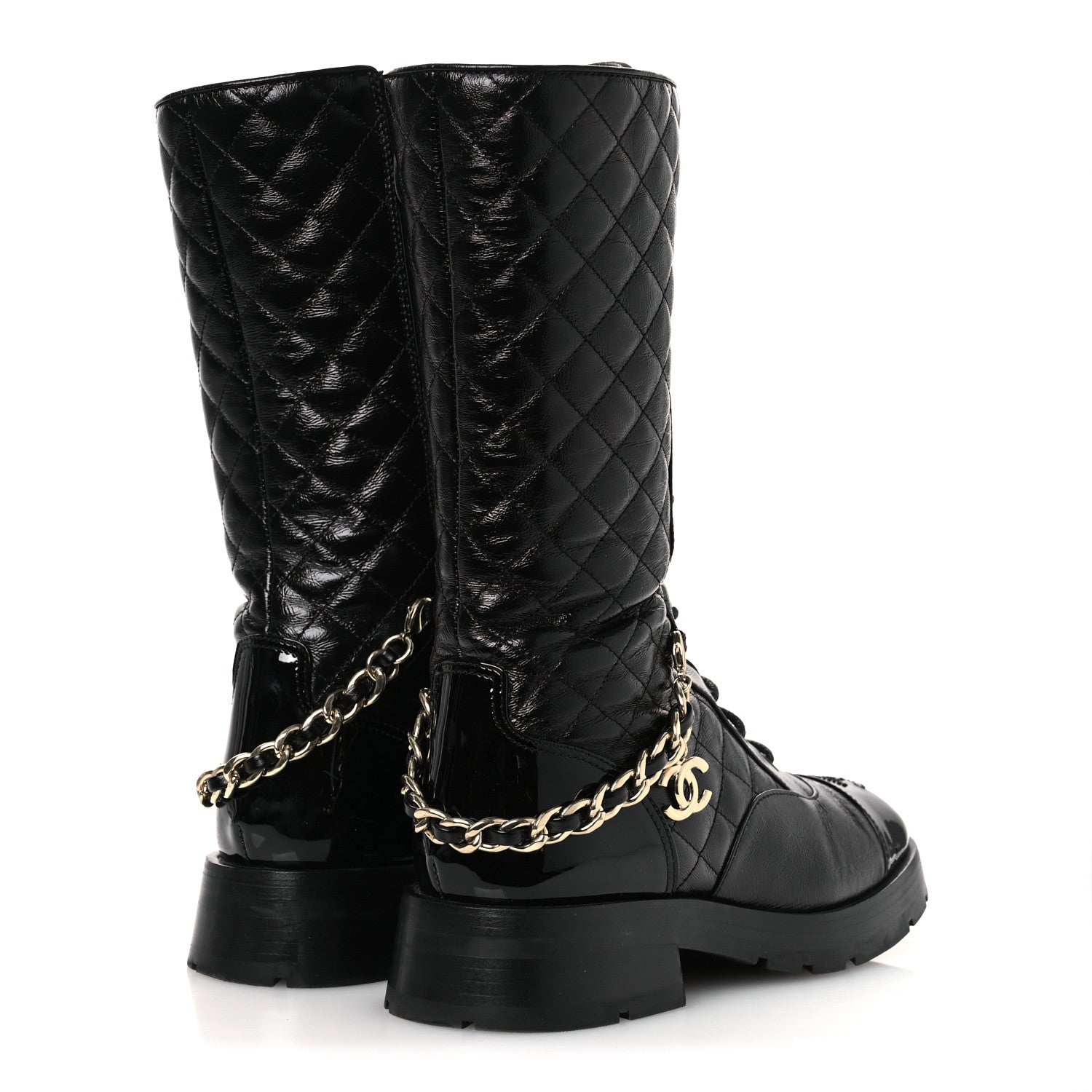 SHINY CALFSKIN PATENT QUILTED CHAIN LACE UP COMBAT LONG BOOTS BLACK