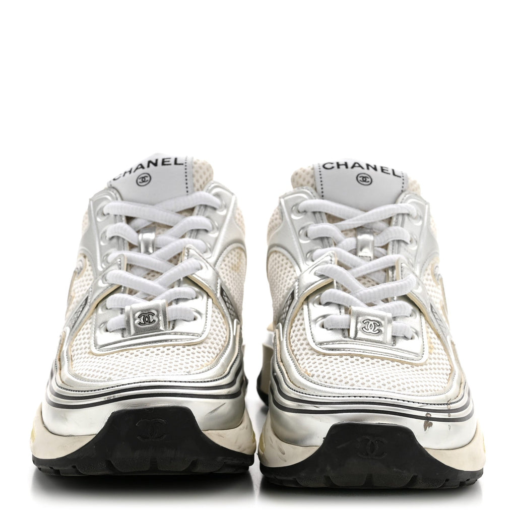 FABRIC LAMINATED CALFSKIN STRETCH CC SNEAKERS WHITE SILVER