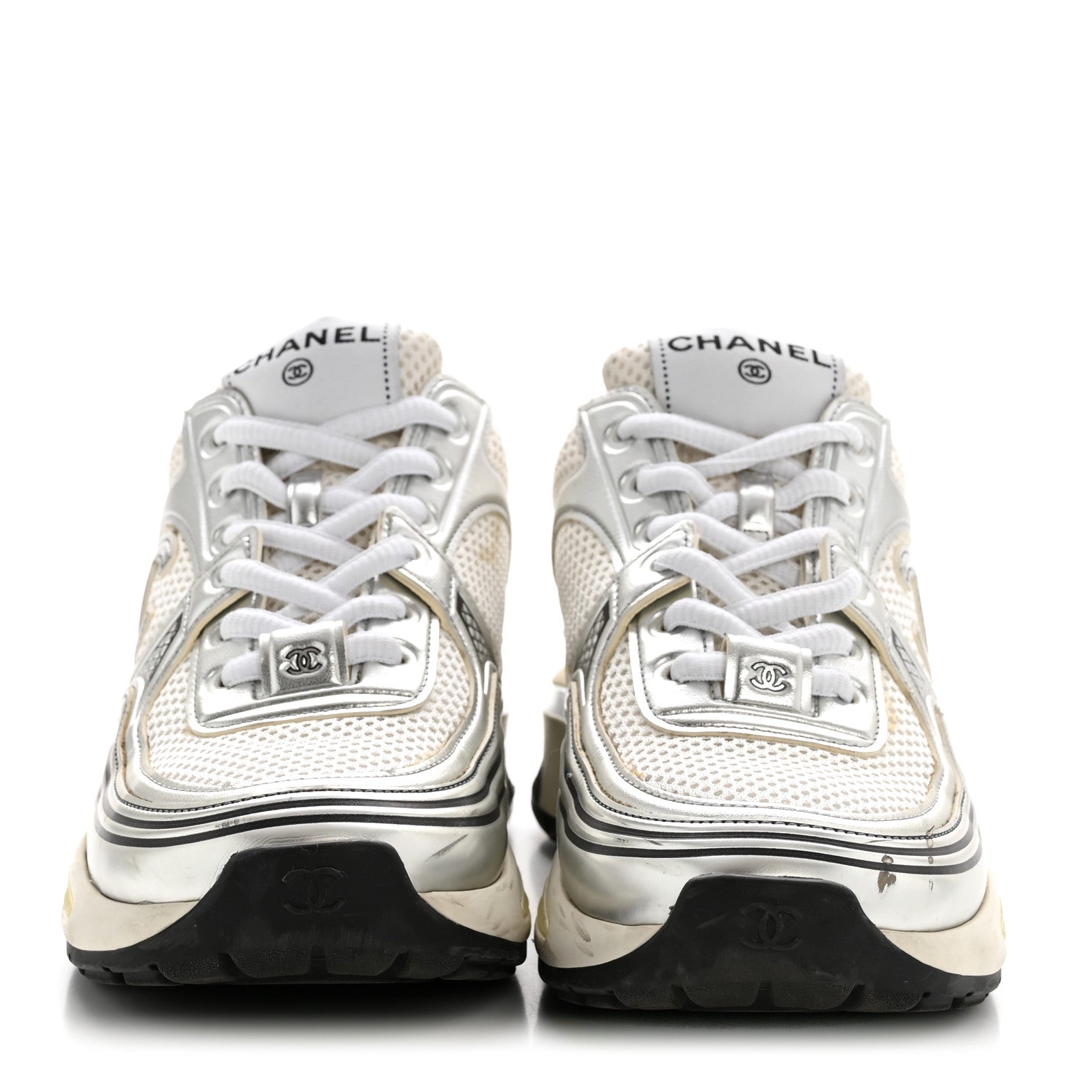FABRIC LAMINATED CALFSKIN STRETCH CC SNEAKERS WHITE SILVER