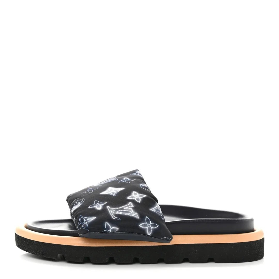 Louis Vuitton Lambskin Embossed Monogram Pool Pillow Flat Comfort Mule - Black with White Monogram