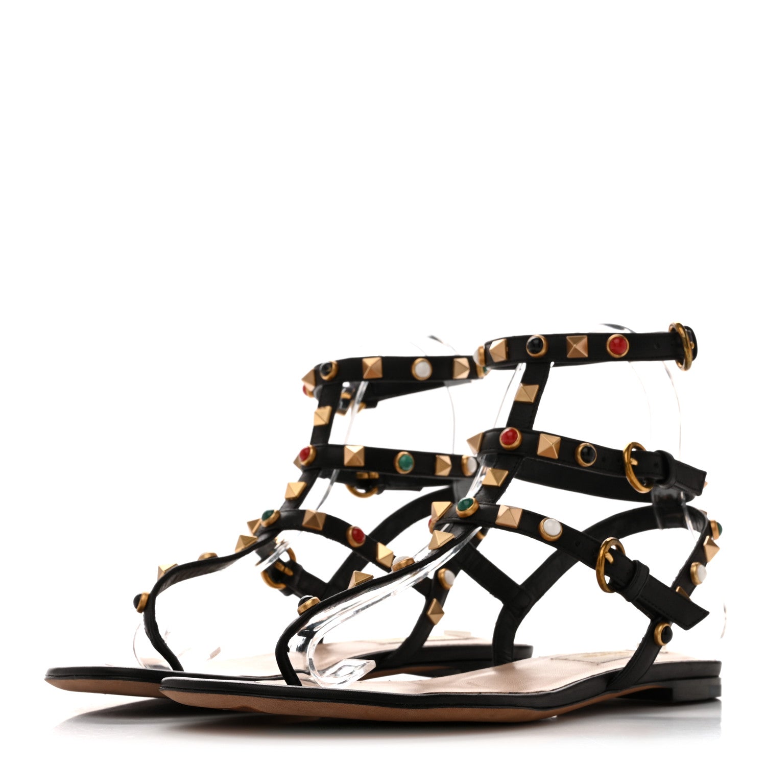 CALFSKIN ROCKSTUD ROLLING ANKLE WRAP FLAT THONG SANDALS BLACK