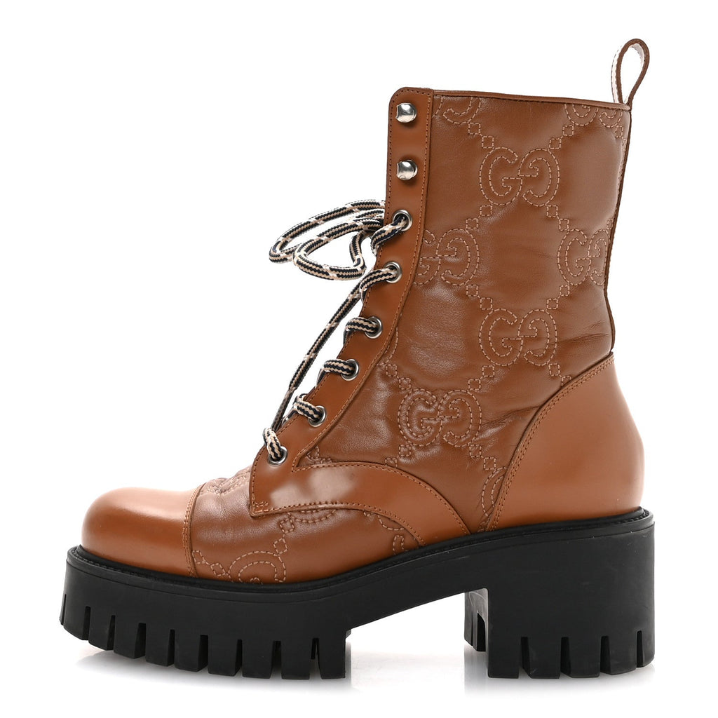 CORDOVAN LUX NAPPA GG MATELASSE LACE UP 60MM COMBAT BOOTS DARK HAZEL BROWN