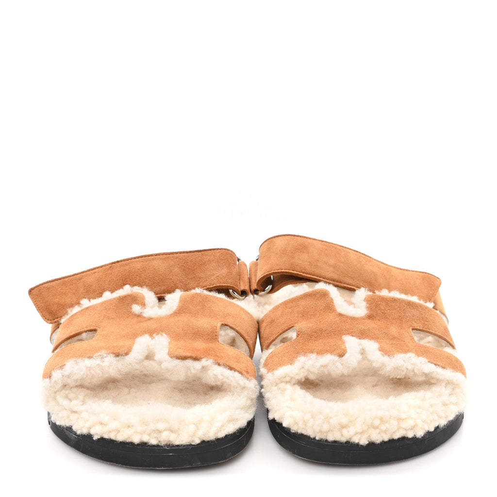 SUEDE GOATSKIN WOOLSKIN WOMENS CHYPRE SANDALS BRUN FUME ECRU