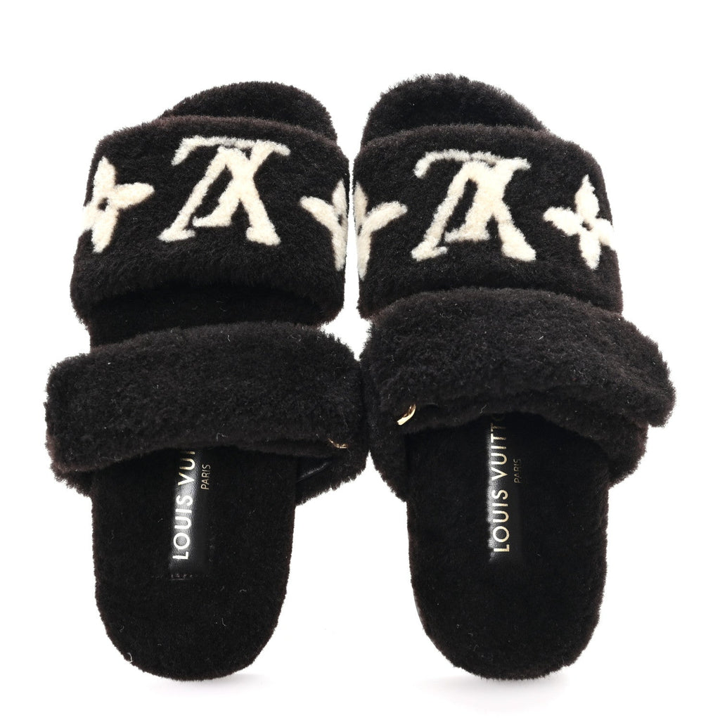 SHEARLING MONOGRAM GIANT LV SUNSET FLAT COMFORT MULE BROWN