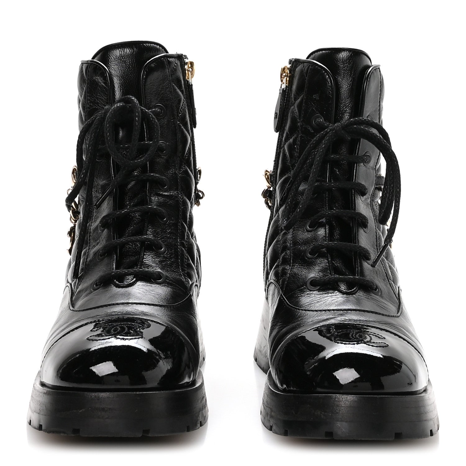 SHINY CALFSKIN PATENT QUILTED CHAIN LACE UP COMBAT BOOTS BLACK