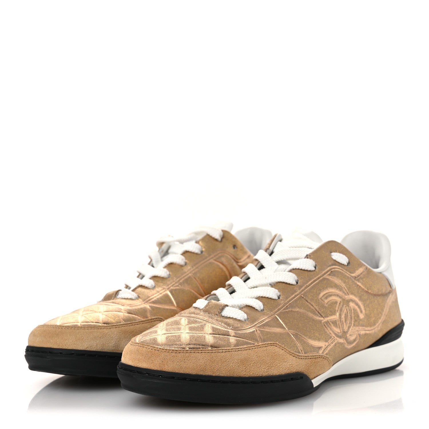 LAMINATED CALFSKIN SUEDE QUILTED WOMENS CC SNEAKERS GOLD