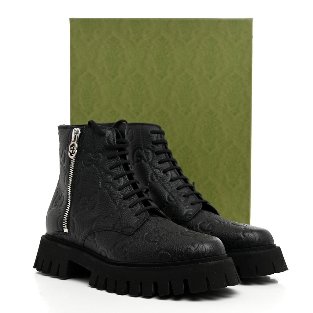 CALFSKIN EMBOSSED MONOGRAM LACE UP ANKLE BOOTS BLACK