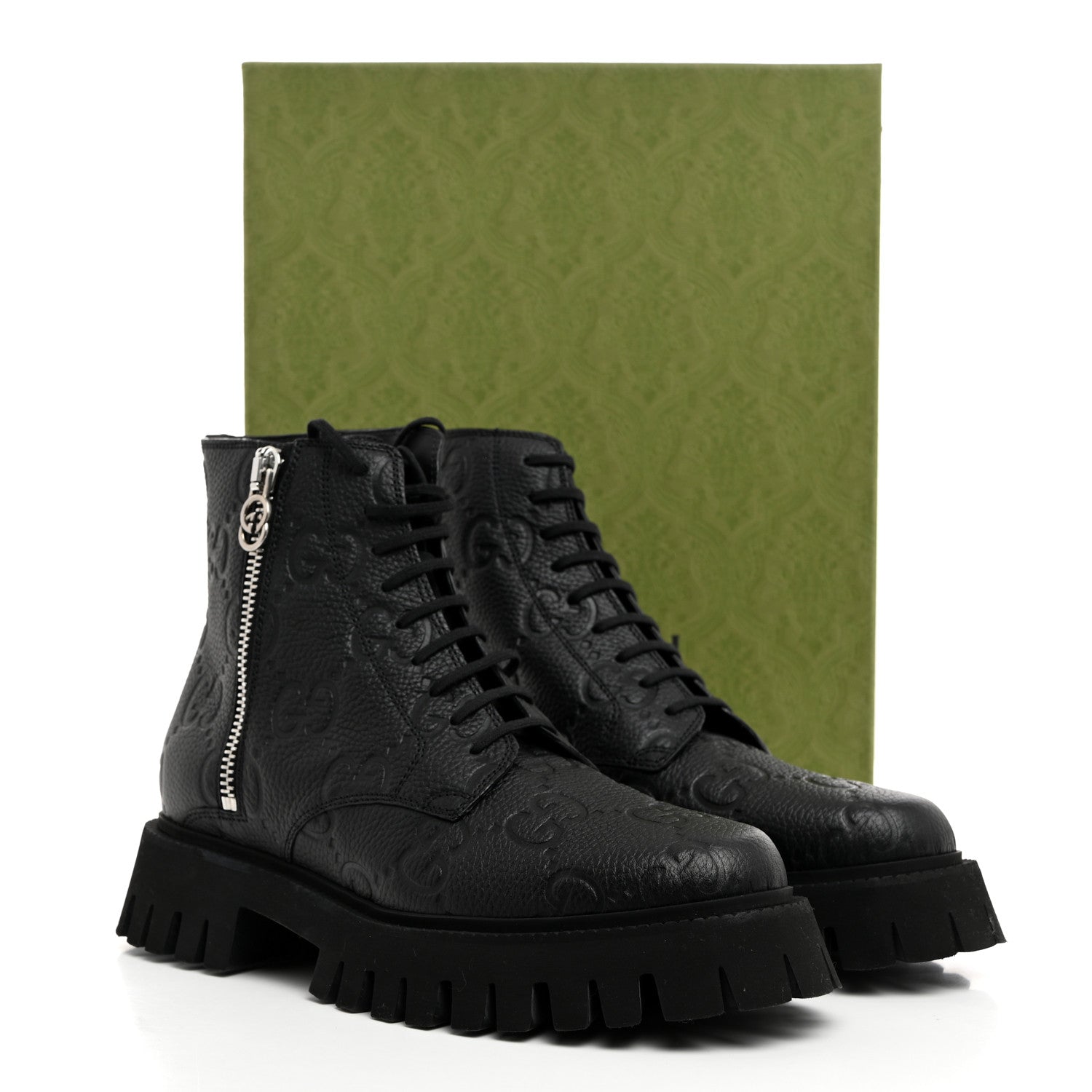 CALFSKIN EMBOSSED MONOGRAM LACE UP ANKLE BOOTS BLACK