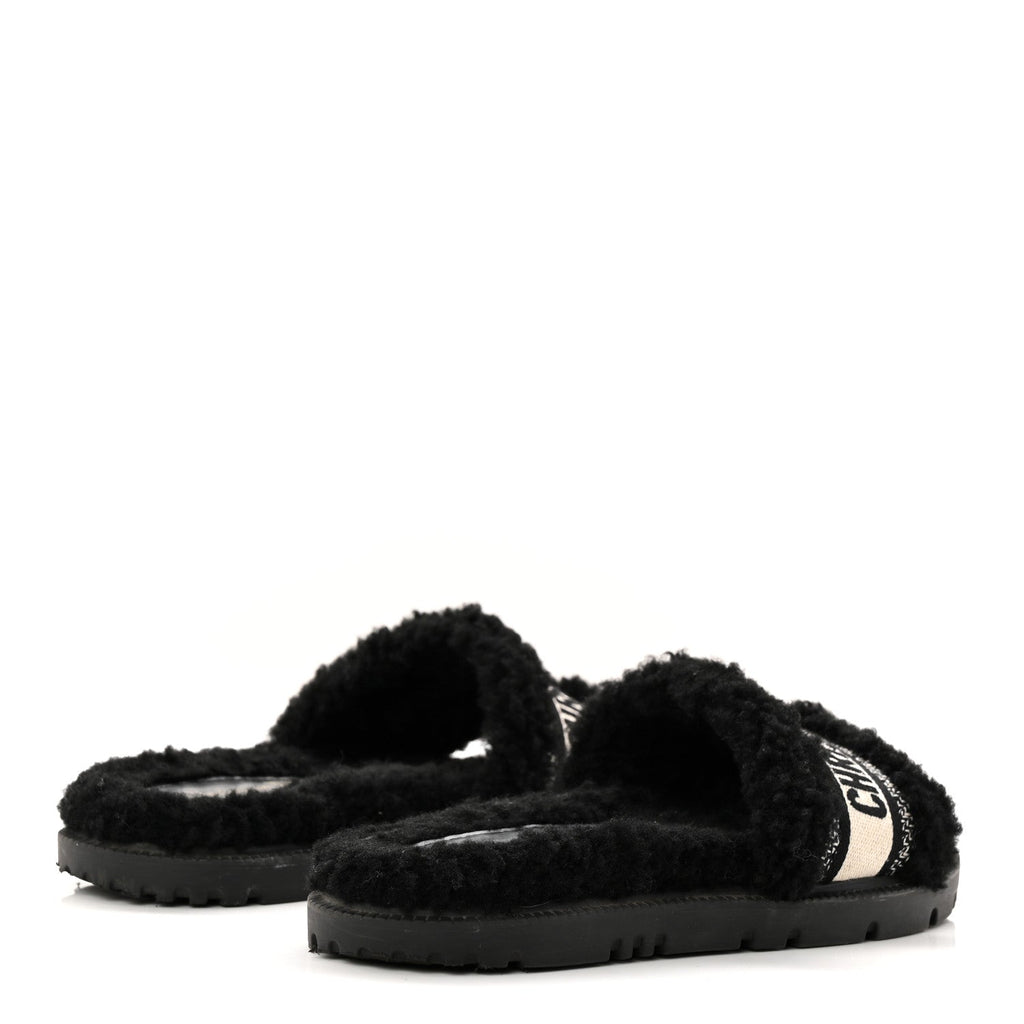 SHEARLING CANVAS LUREX EMBROIDERED DWAY 10MM SLIDE SANDALS BLACK NATURAL