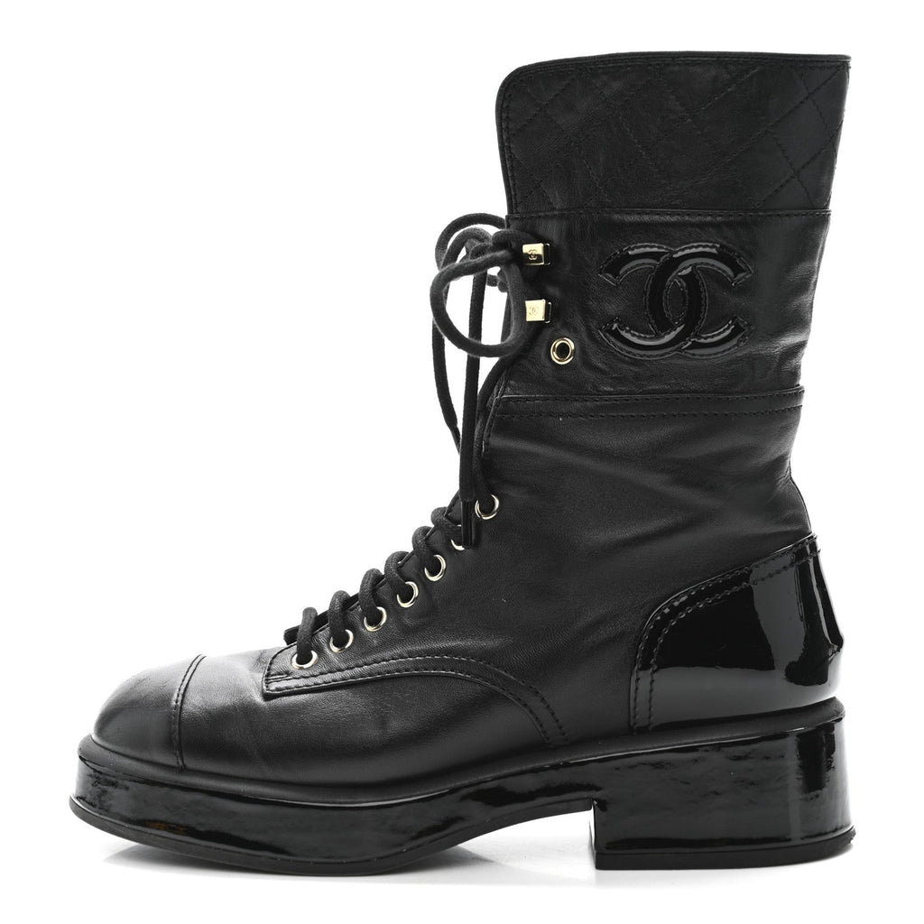 LAMBSKIN PATENT CALFSKIN QUILTED CC LACE UP COMBAT BOOTS BLACK