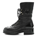 LAMBSKIN PATENT CALFSKIN QUILTED CC LACE UP COMBAT BOOTS BLACK