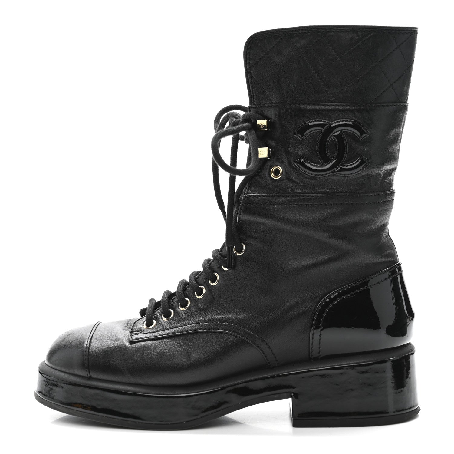 LAMBSKIN PATENT CALFSKIN QUILTED CC LACE UP COMBAT BOOTS BLACK