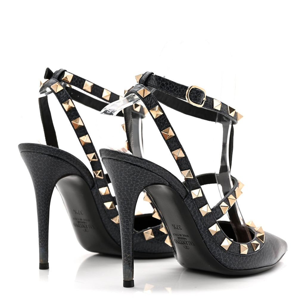 PEBBLED CALFSKIN ROCKSTUD ANKLE STRAP 100MM PUMPS DEEP DENIM