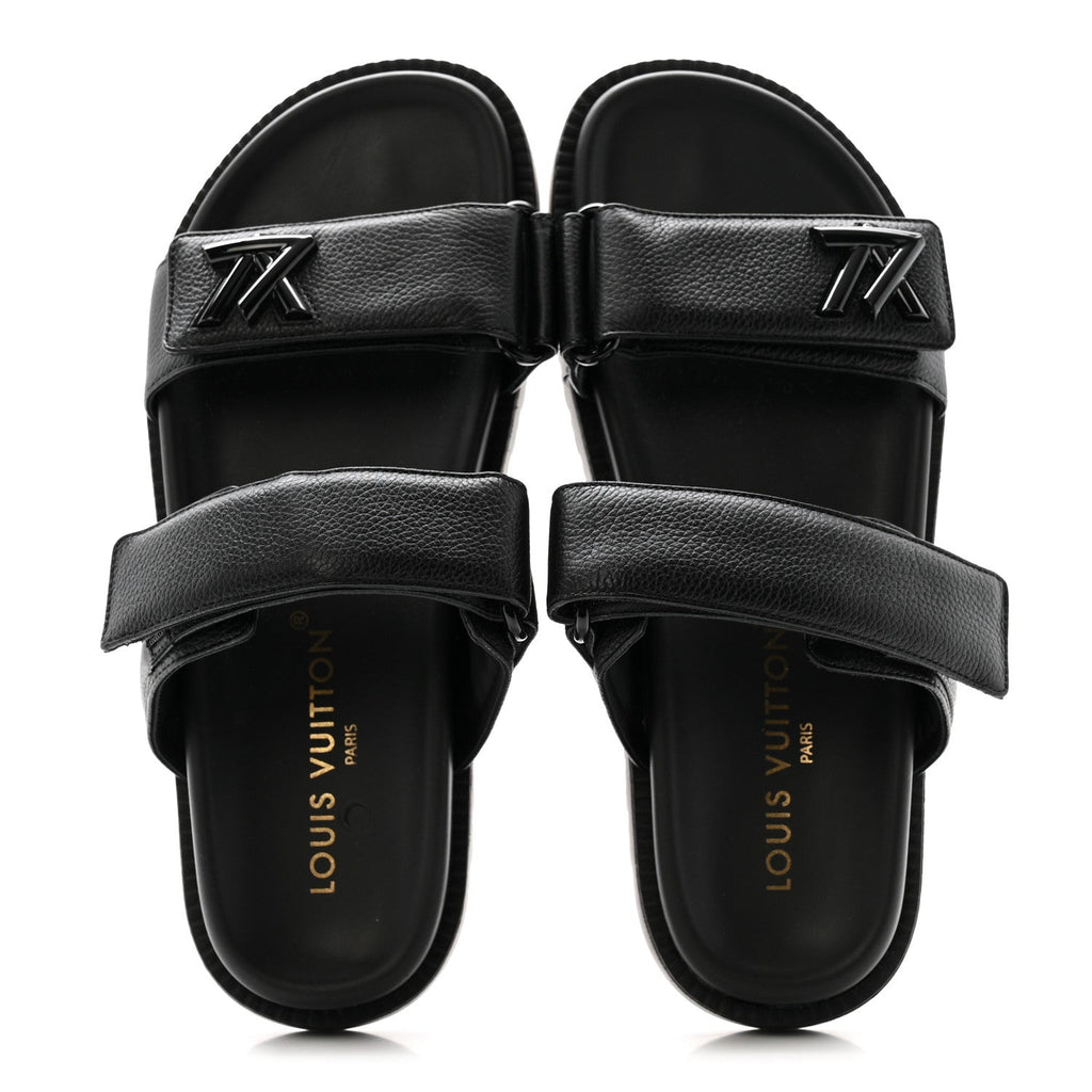 GRAINED CALFSKIN SUNSET COMFORT FLAT SANDALS BLACK