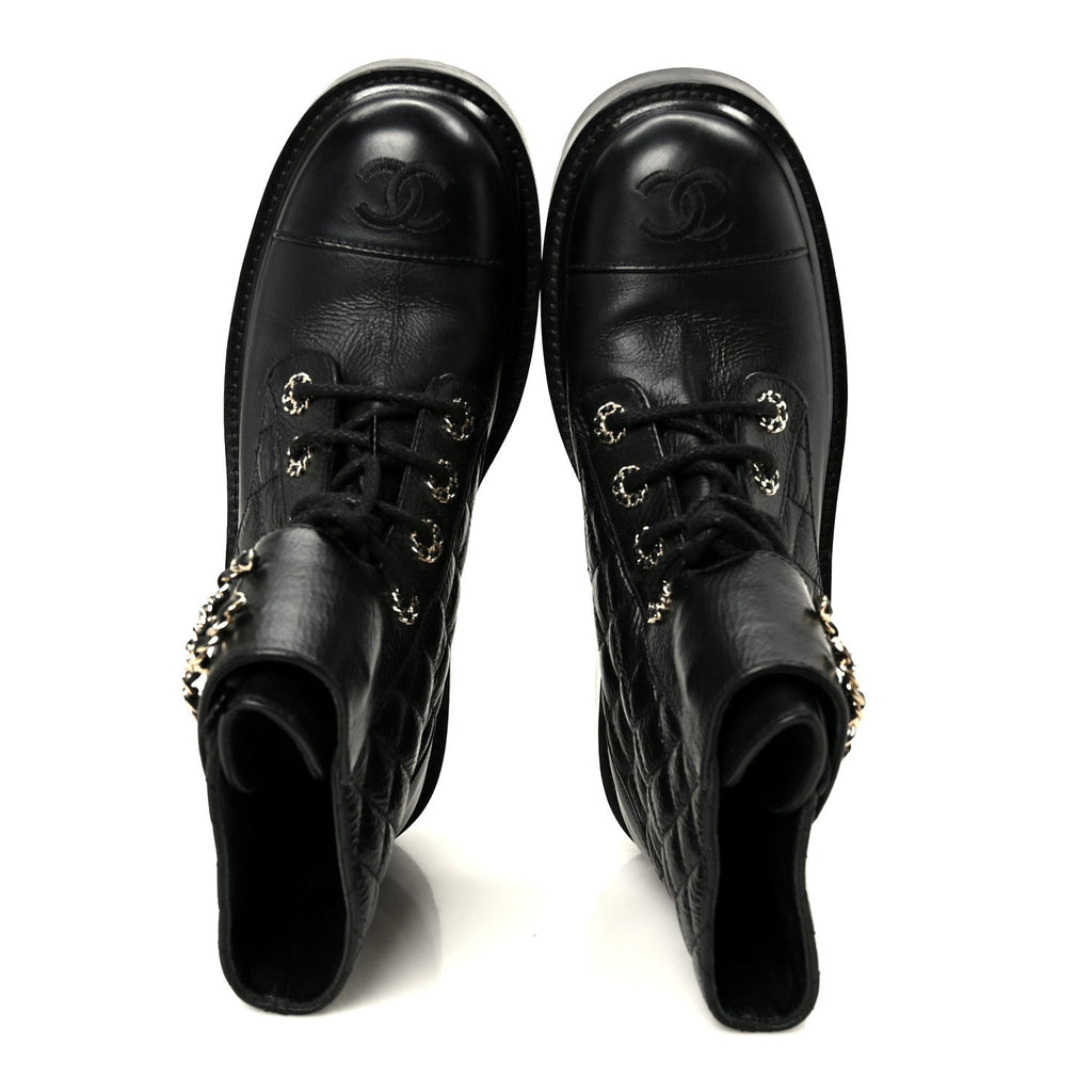 SHINY GOATSKIN CALFSKIN QUILTED LACE UP COMBAT BOOTS BLACK