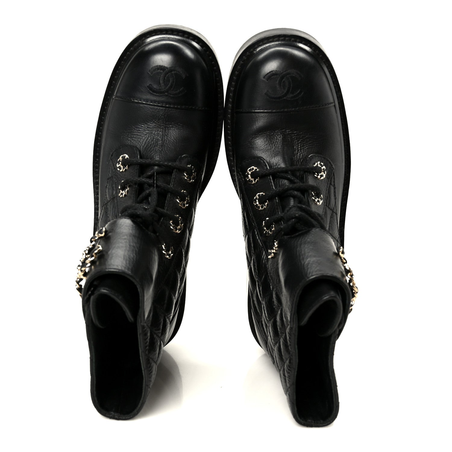 SHINY GOATSKIN CALFSKIN QUILTED LACE UP COMBAT BOOTS BLACK