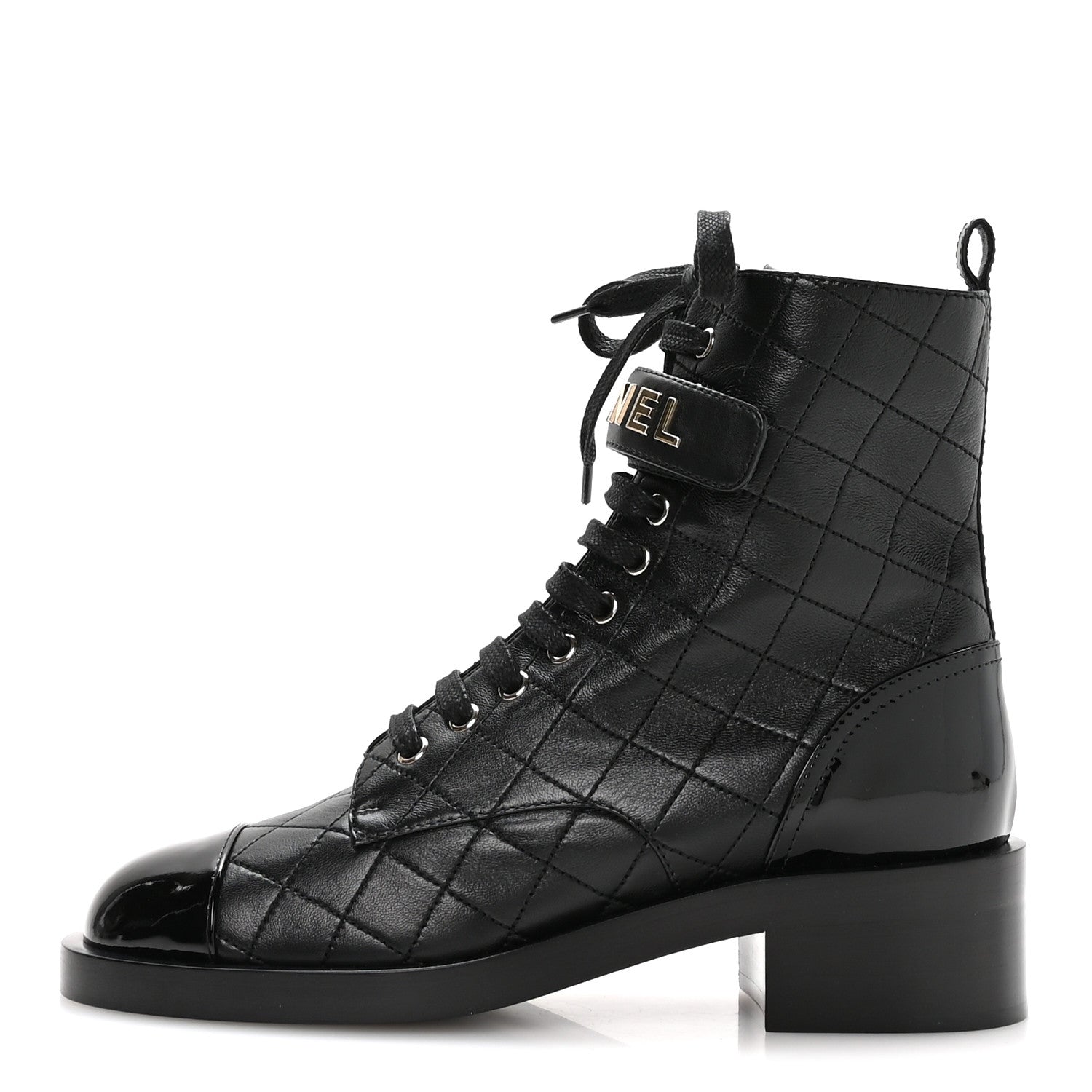 LAMBSKIN PATENT CALFSKIN QUILTED LOGO LACE UP COMBAT BOOTS BLACK