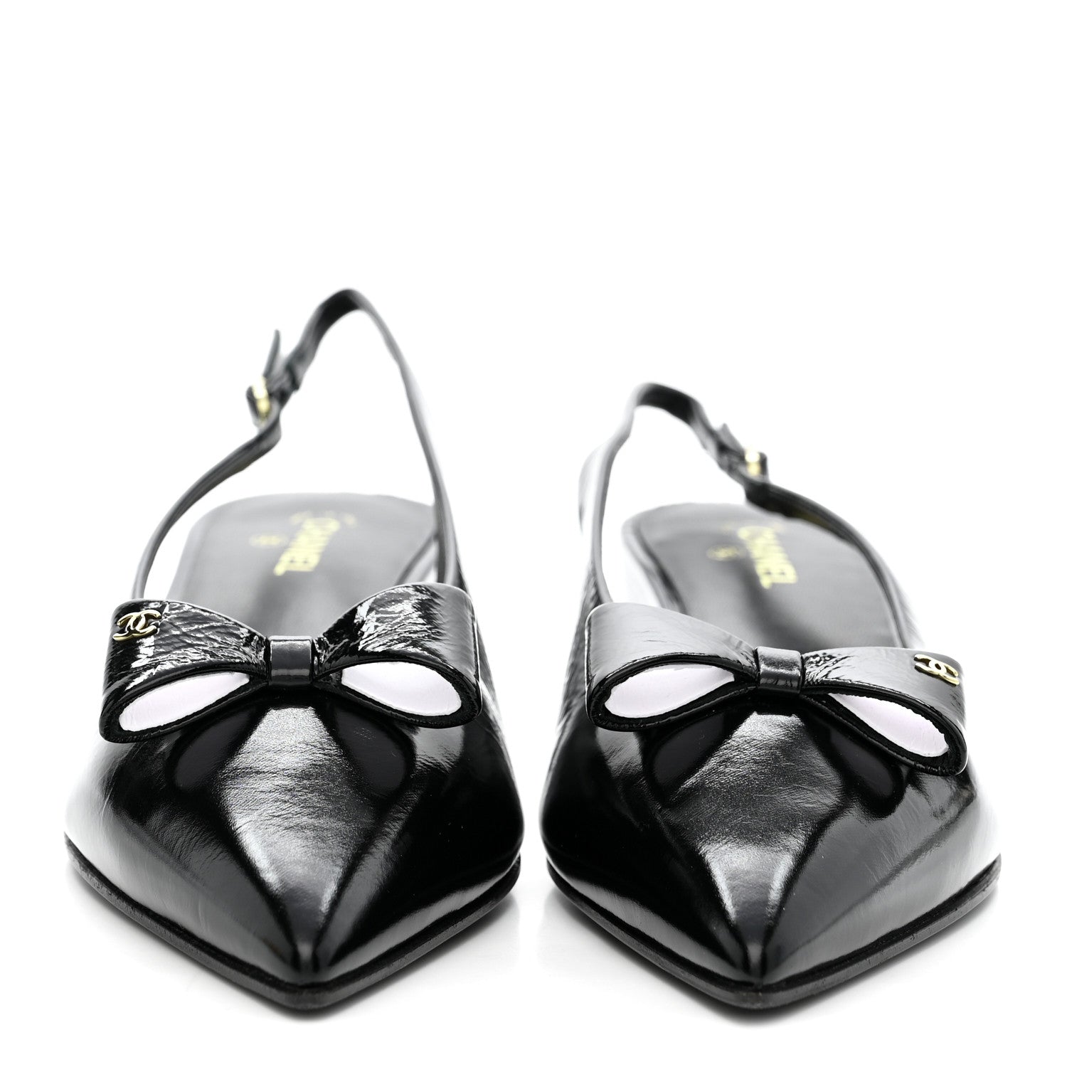 CRUMPLED PATENT CALFSKIN CC BOW SLINGBACK PUMPS BLACK